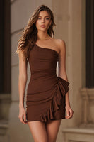 Load image into Gallery viewer, Coffee Satin Tight One Shoulder Short Cocktail Dress with Ruffles