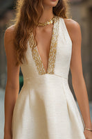 Load image into Gallery viewer, Ivory A Line Tweed Deep V-Neck Short Cocktail Dress