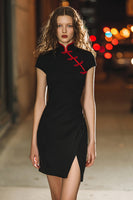 Load image into Gallery viewer, Black Tight High Neck Ruched Short Cocktail Dress with Slit