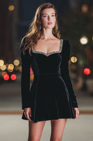 Load image into Gallery viewer, Black Velvet A Line Short Cocktail Dress with Sleeves