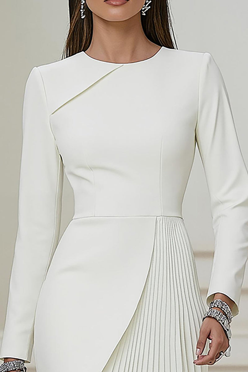 Load image into Gallery viewer, Ivory Pencil Pleated Round Neck Short Work Dress with Sleeves