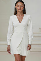 Load image into Gallery viewer, Ivory Pencil V-Neck Pleated Long Sleeves Mini Work Dress