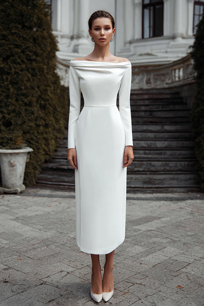 Load image into Gallery viewer, Ivory Satin Sheath Off the Shoulder Long Engagement Dress