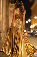 Load image into Gallery viewer, Sparkly Gold Metallic A-Line Ruched Pleated Long Formal Dress with Slit