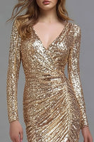 Load image into Gallery viewer, Sparkly Gold Sequins Mermaid Ruched Long Sleeves Formal Dress with Slit