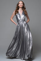 Load image into Gallery viewer, Sparkly Silver A-Line Metallic V-Neck Long Formal Dress