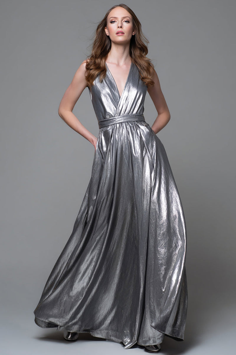 Load image into Gallery viewer, Sparkly Silver A-Line Metallic V-Neck Long Formal Dress
