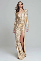 Load image into Gallery viewer, Sparkly Light Gold Sequins V-Neck Long Sleeves Formal Dress with Slit
