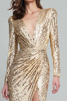 Load image into Gallery viewer, Sparkly Light Gold Sequins V-Neck Long Sleeves Formal Dress with Slit