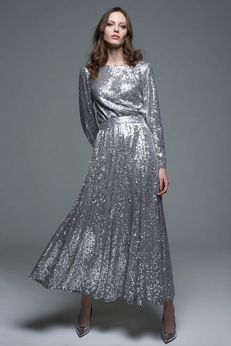Load image into Gallery viewer, Sparkly Silver A Line Sequins Long Sleeves Formal Dress