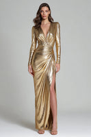 Load image into Gallery viewer, Sparkly Gold Sheath Metallic V-Neck Long Sleeves Formal Dress with Slit