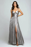 Load image into Gallery viewer, Silver Metallic A Line Pleated Spaghetti Straps Long Formal Dress with Slit