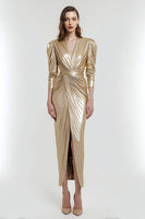 Load image into Gallery viewer, Light Gold Metallic Sheath V-Neck Ruched Long Sleeves Formal Dress