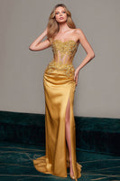 Load image into Gallery viewer, Gold Satin Mermaid Sweetheart Long Corset Formal Dress with Appliques