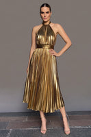 Load image into Gallery viewer, Sparkly Gold A-Line Metallic Pleated Halter Midi Formal Dress