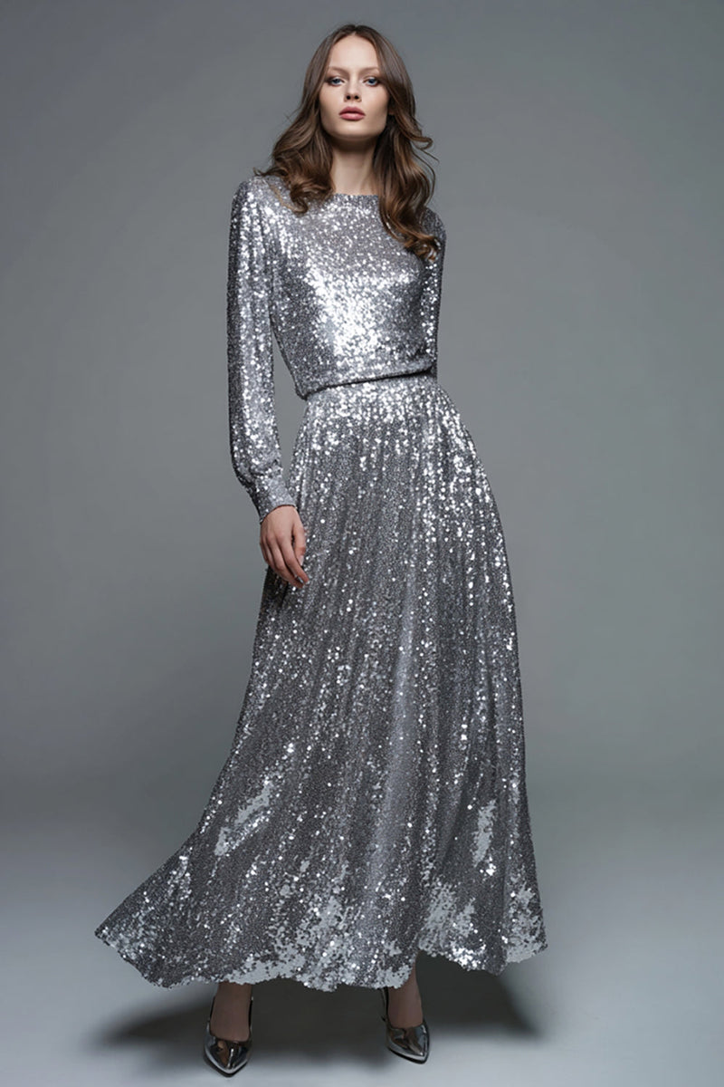 Load image into Gallery viewer, Sparkly Silver A-Line Sequins Pleated Long Sleeves Formal Dress