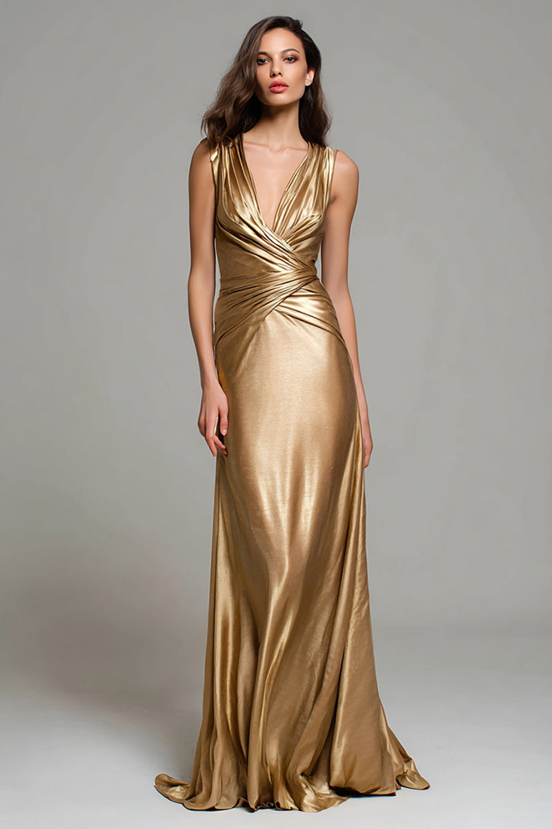 Load image into Gallery viewer, Sparkly Gold Metallic Mermaid Ruched V-Neck Long Formal Dress