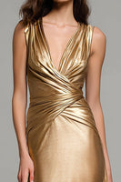 Load image into Gallery viewer, Sparkly Gold Metallic Mermaid Ruched V-Neck Long Formal Dress