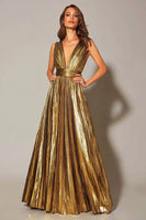 Load image into Gallery viewer, Queendancer Women Sparkly Metallic Gold Long Formal Dress Pleated A-Line V-Neck Gala Dress