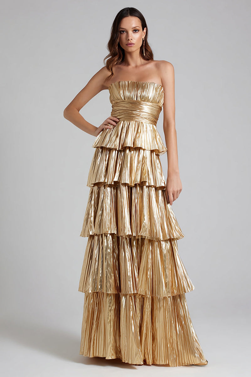 Load image into Gallery viewer, Sparkly Gold A-Line Metallic Pleated Tiered Long Formal Dress