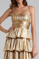 Load image into Gallery viewer, Sparkly Gold A-Line Metallic Pleated Tiered Long Formal Dress