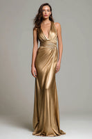 Load image into Gallery viewer, Sparkly Gold Metallic Deep V-Neck Ruched Long Formal Dress
