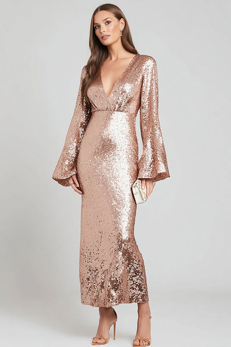 Load image into Gallery viewer, Sparkly Rose Gold Sheath Sequins V-Neck Long Sleeves Formal Dress