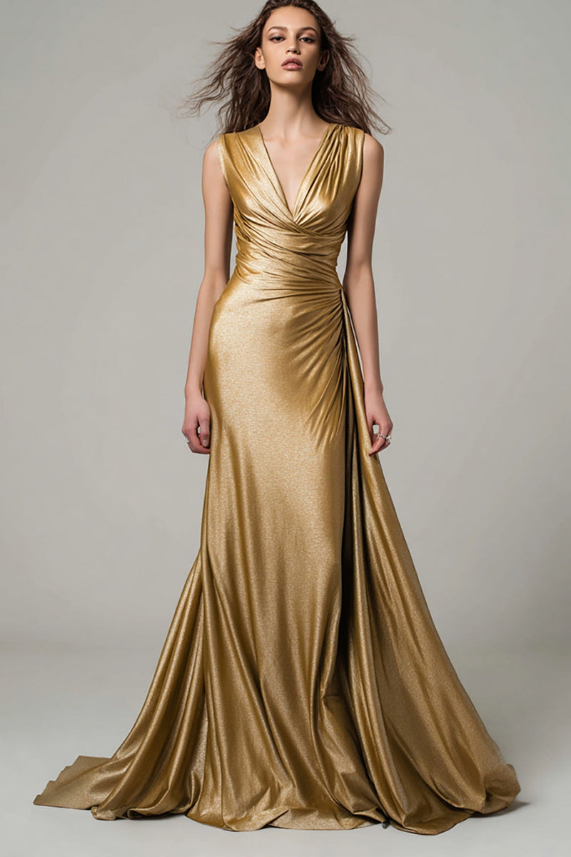 Load image into Gallery viewer, Sparkly Gold Metallic Mermaid V-Neck Ruched Long Formal Dress