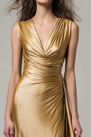 Load image into Gallery viewer, Sparkly Gold Metallic Mermaid V-Neck Ruched Long Formal Dress