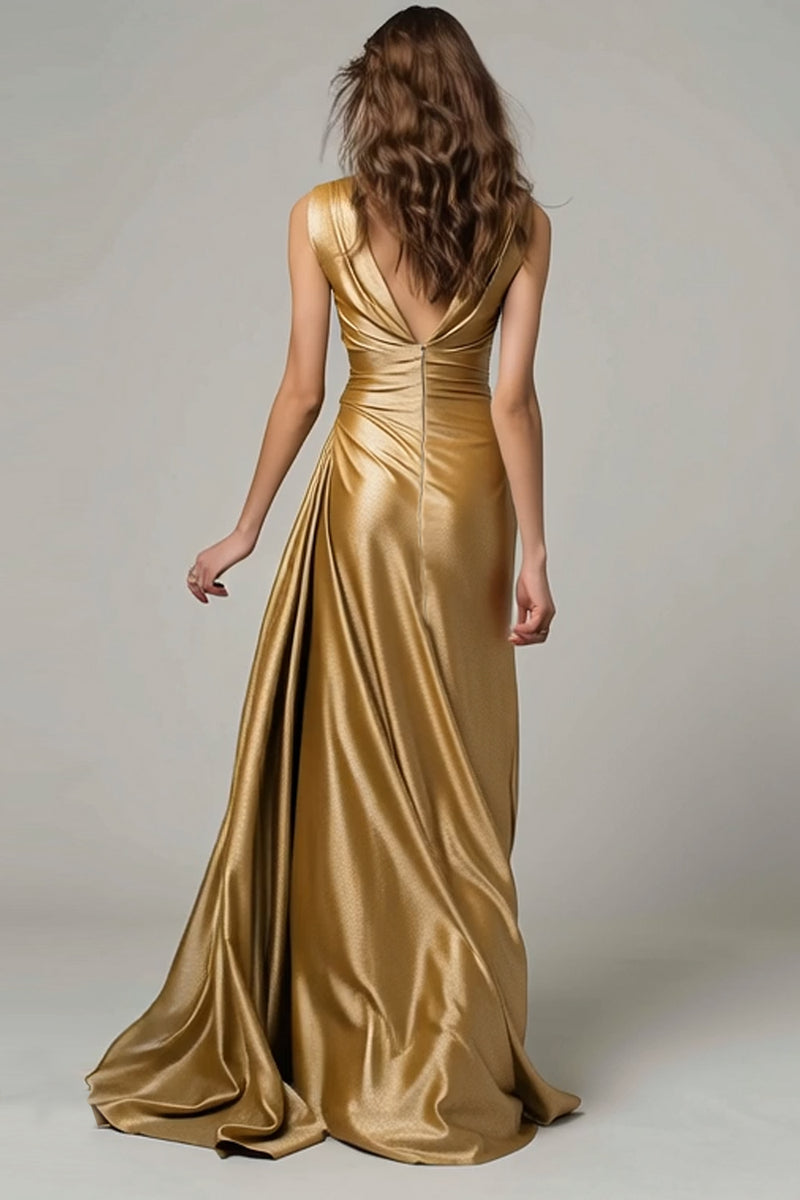 Load image into Gallery viewer, Sparkly Gold Metallic Mermaid V-Neck Ruched Long Formal Dress