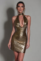 Load image into Gallery viewer, Sparkly Gold Metallic Tight Ruched Halter Short Cocktail Dress