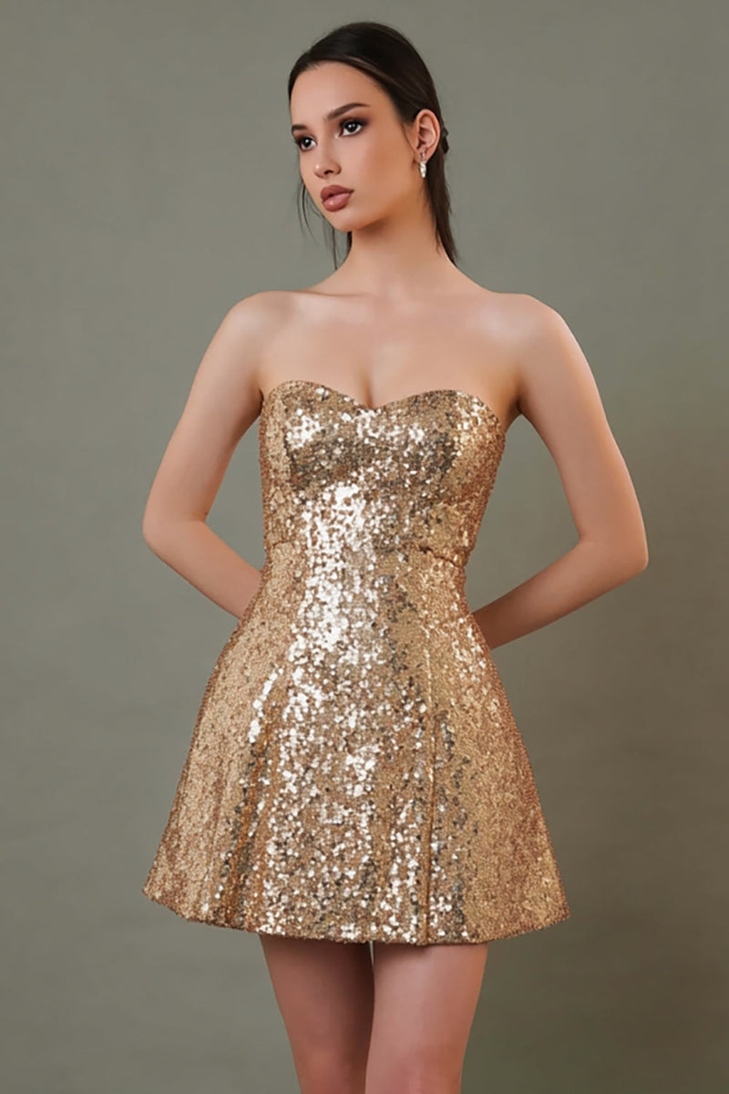 Load image into Gallery viewer, Sparkly Gold A-Line Sequins Sweetheart Short Cocktail Dress
