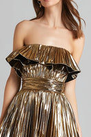 Load image into Gallery viewer, Sparkly Gold Metallic A-Line Pleated Strapless Short Cocktail Dress