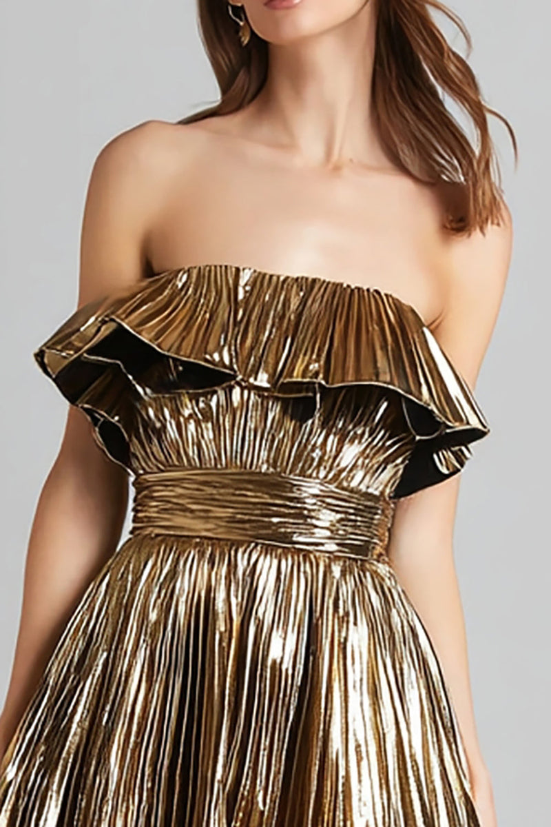 Load image into Gallery viewer, Sparkly Gold Metallic A-Line Pleated Strapless Short Cocktail Dress