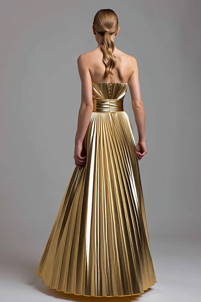 Queendancer Women Sparkly Gold Pleated Long Formal Dress Strapless