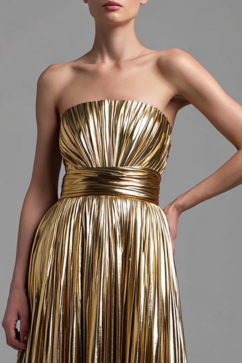 Queendancer Women Sparkly Gold Pleated Long Formal Dress Strapless