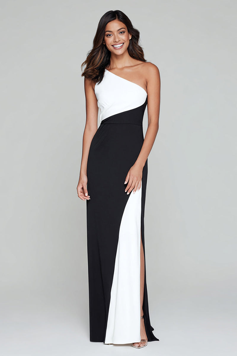 Load image into Gallery viewer, Black and White Satin One Shoulder Patchwork Long Formal Dress with Slit
