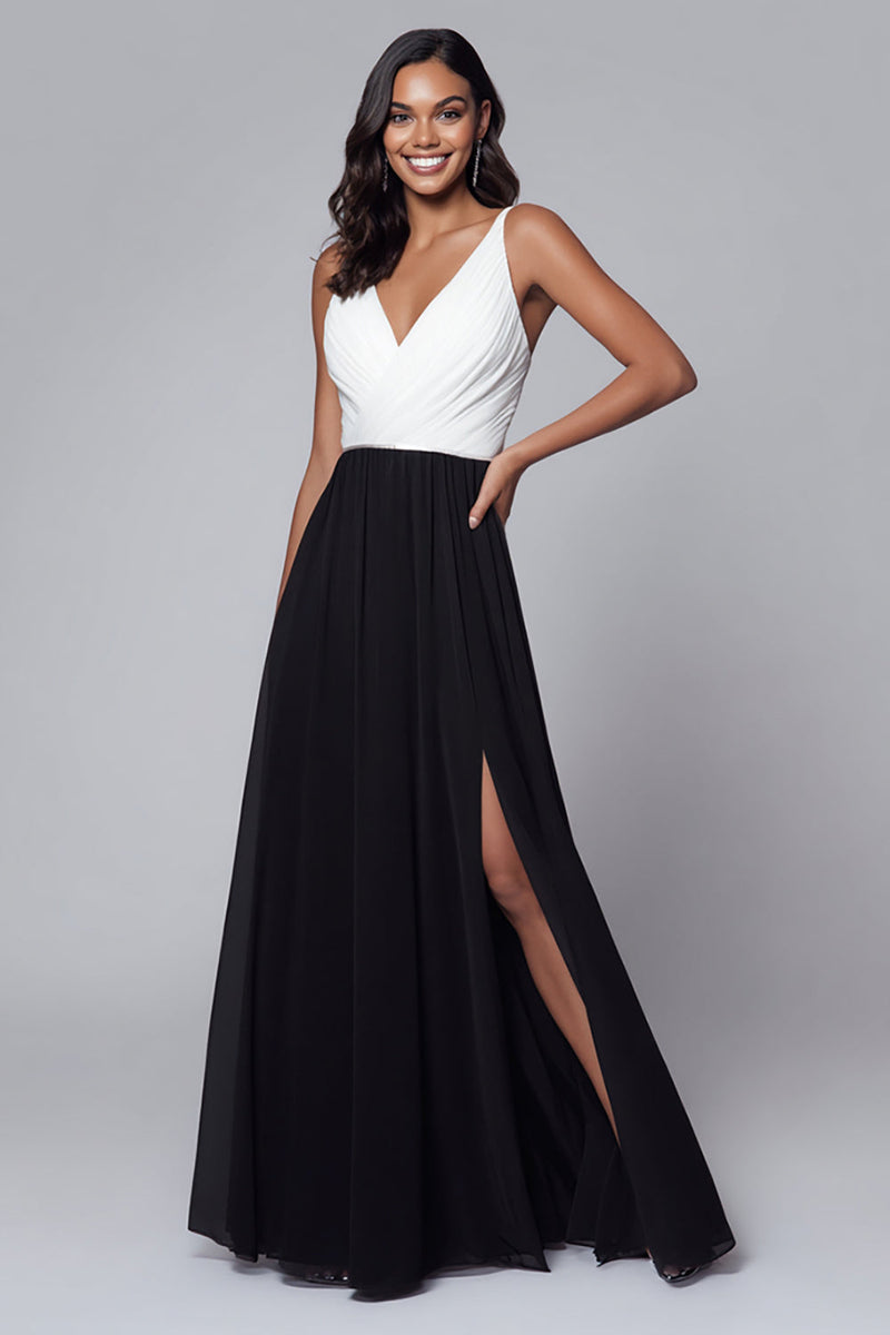 Load image into Gallery viewer, Black and White Chiffon A Line V-Neck Long Formal Dress with Slit