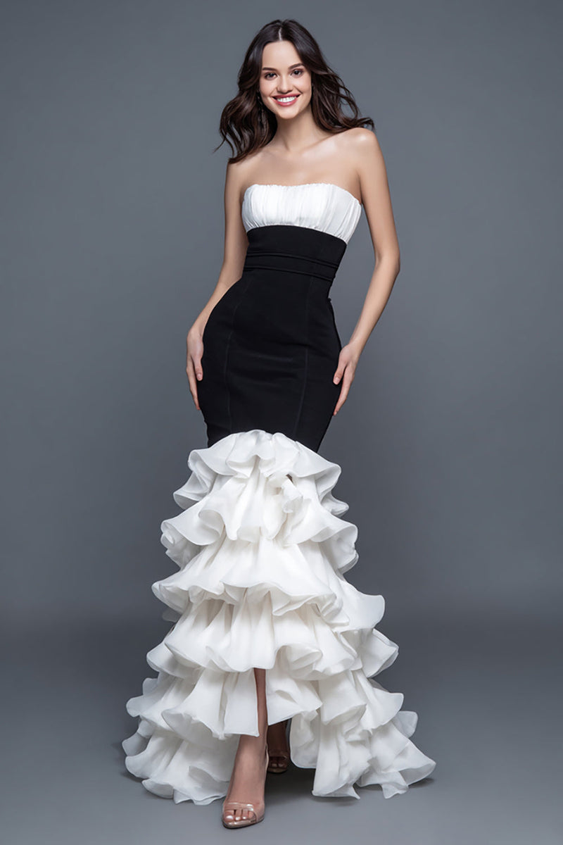 Load image into Gallery viewer, Black and White Mermaid Ruffled Sweetheart Long Formal Dress