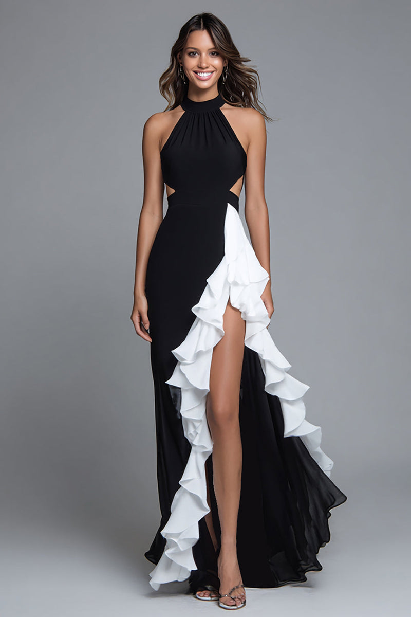 Load image into Gallery viewer, Black and White Chiffon Halter Cut-Out Long Formal Dress with Ruffles