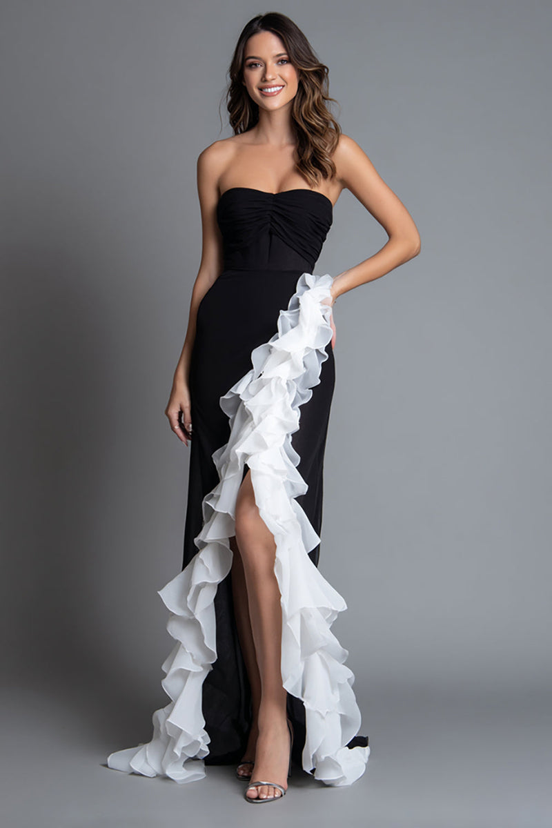 Load image into Gallery viewer, Black and White Mermaid Chiffon Sweetheart Long Formal Dress with Ruffles