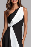 Load image into Gallery viewer, Black and White Satin Ruched Sheath One Shoulder Long Formal Dress