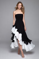 Load image into Gallery viewer, Black and White A-Line Ruffled Strapless Long Formal Dress with Slit