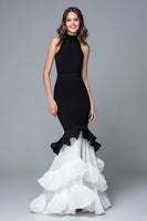 Load image into Gallery viewer, Black and White Mermaid High Neck Long Formal Dress with Ruffles