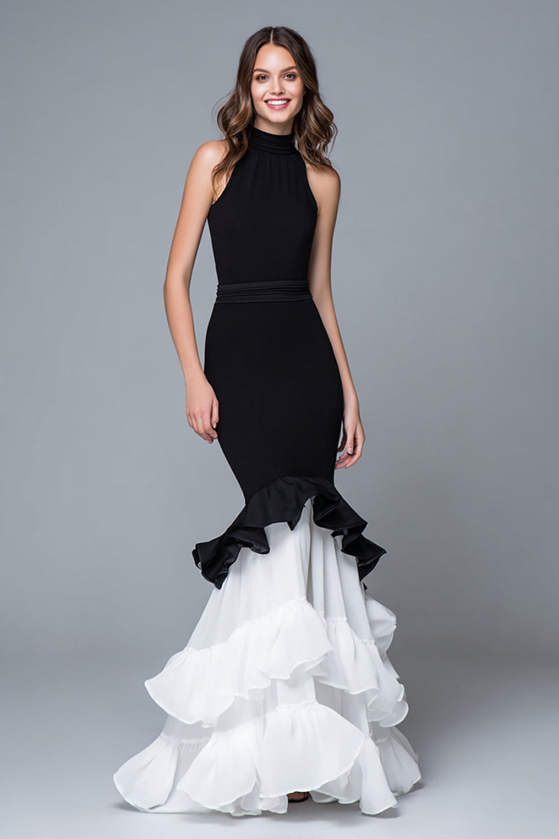 Load image into Gallery viewer, Black and White Mermaid High Neck Long Formal Dress with Ruffles