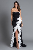 Load image into Gallery viewer, Black and White Mermaid Ruffled Strapless Long Formal Dress with Slit