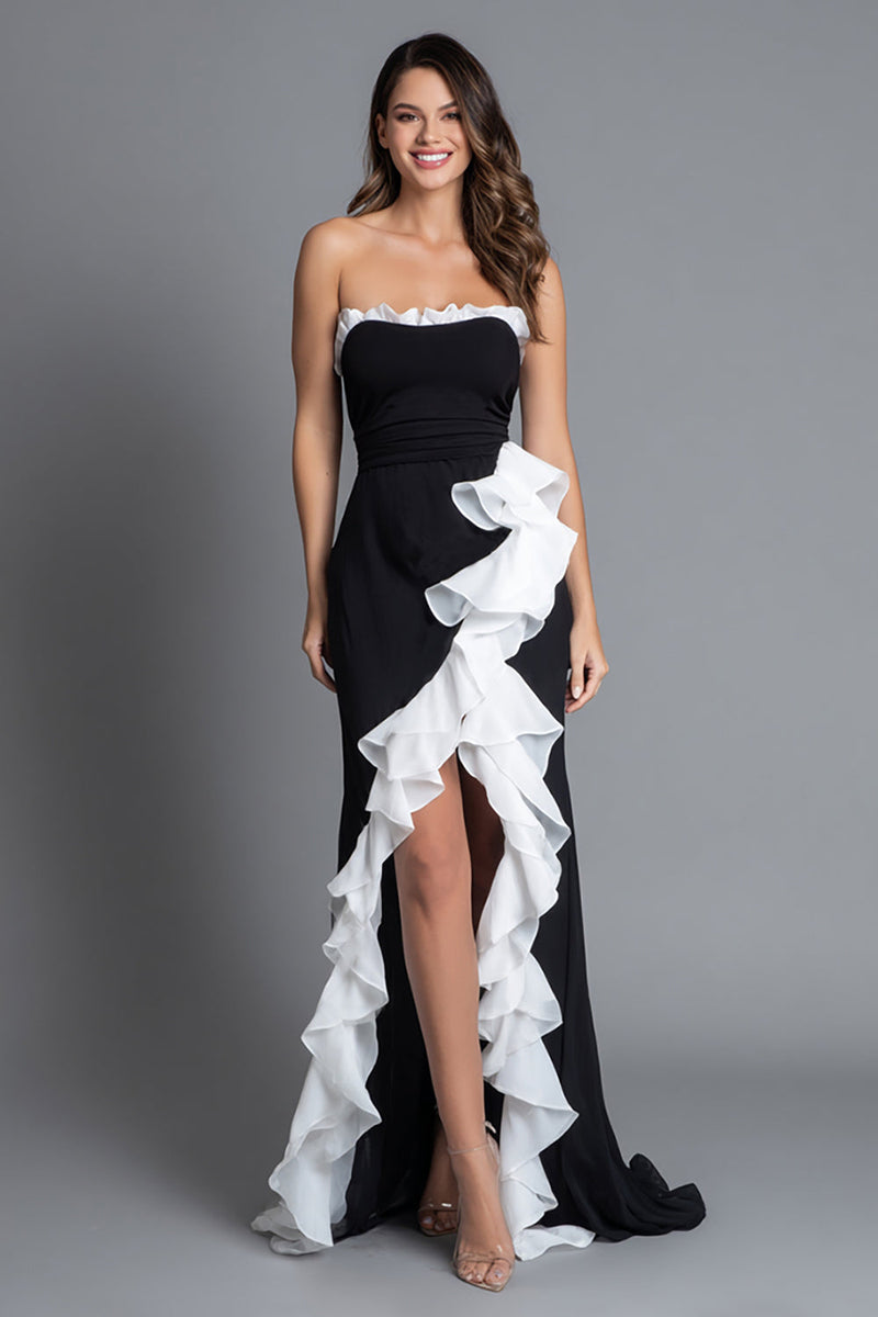 Load image into Gallery viewer, Black and White Mermaid Ruffled Strapless Long Formal Dress with Slit