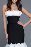 Load image into Gallery viewer, Black and White Satin Strapless Mermaid Ruffled Long Formal Dress