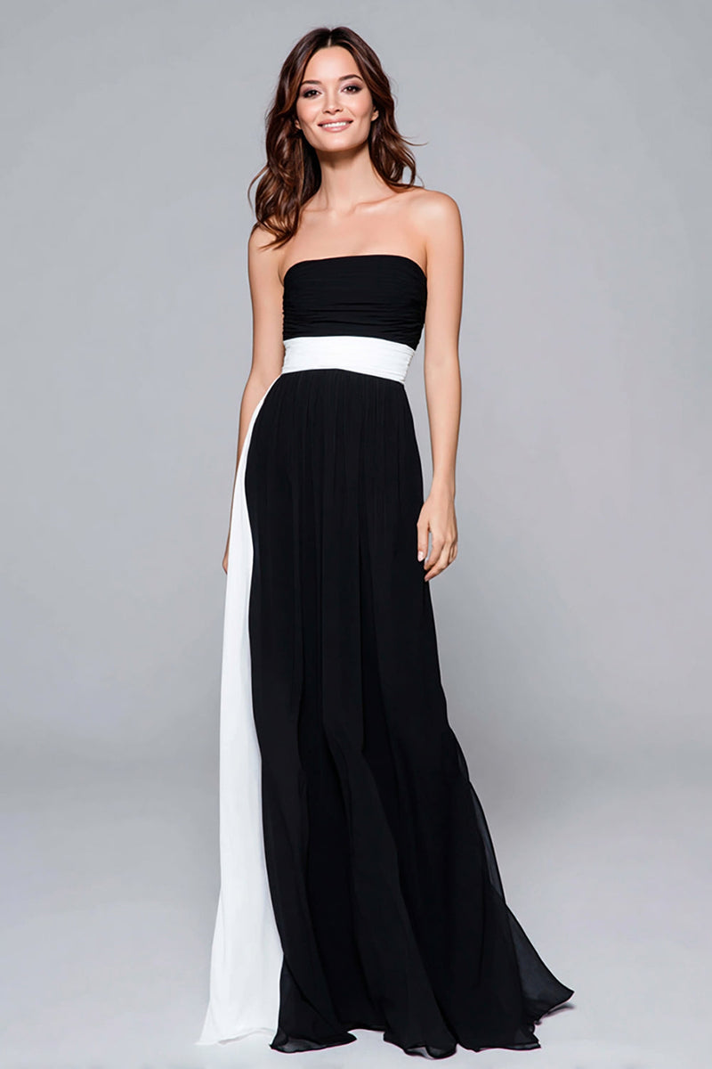 Load image into Gallery viewer, Black and White Chiffon Strapless Sheath Ruched Long Formal Dress