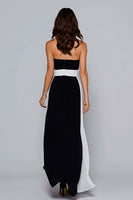 Load image into Gallery viewer, Black and White Chiffon Strapless Sheath Ruched Long Formal Dress